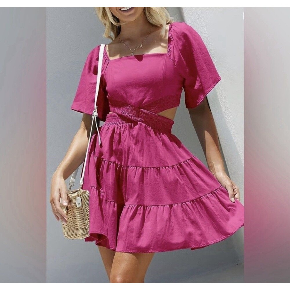 Lillusory Women’s Casual Dress Square Neck Crossover Elastic Waist Size M